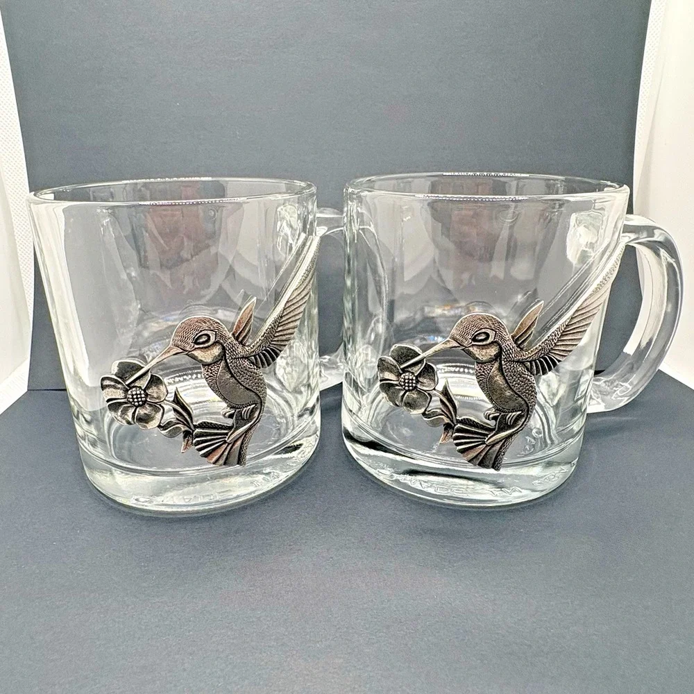 Vintage 1994 Set of 2 Pewter Hummingbird Glass Mug 12 oz Floral Nature Birds